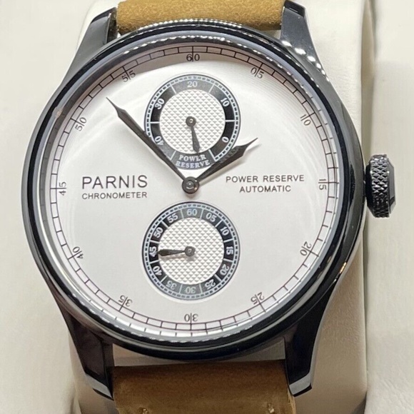 PARNIS 43mm White Dial Power Reserve Black PVD Coating Leather Automatic Watch - Picture 3 of 10